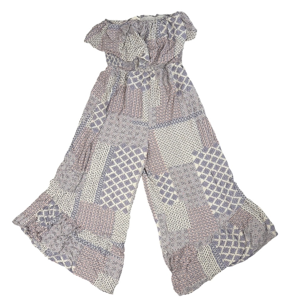 ILLA ILLA Patchwork Jumpsuit Womens L Blue Boho Off Shoulder Wide Leg Rayon - Picture 5 of 13